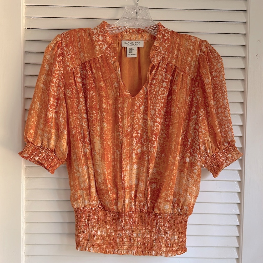 Rachel Zoe Silky Orange Metallic Boho Blouse, Size XS, EUC